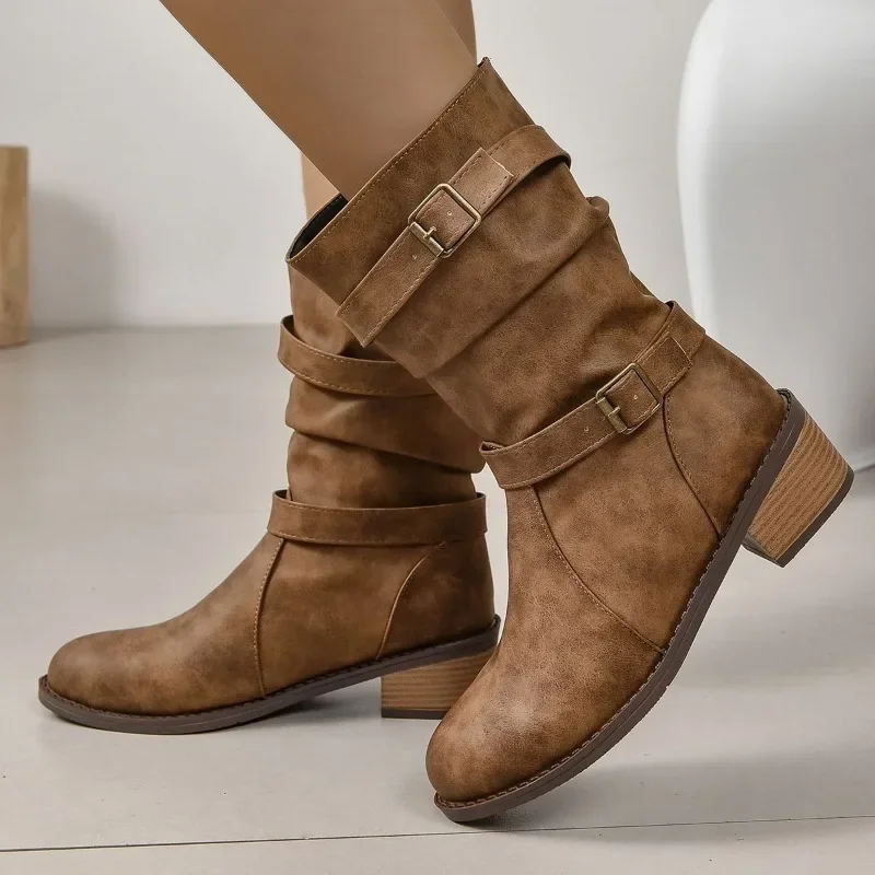 

Женские ботинки без шнуровки, однотонные плиссированные полусапожки с круглым носком, до середины икры, на массивном каблуке, в западном стиле, осень 2023