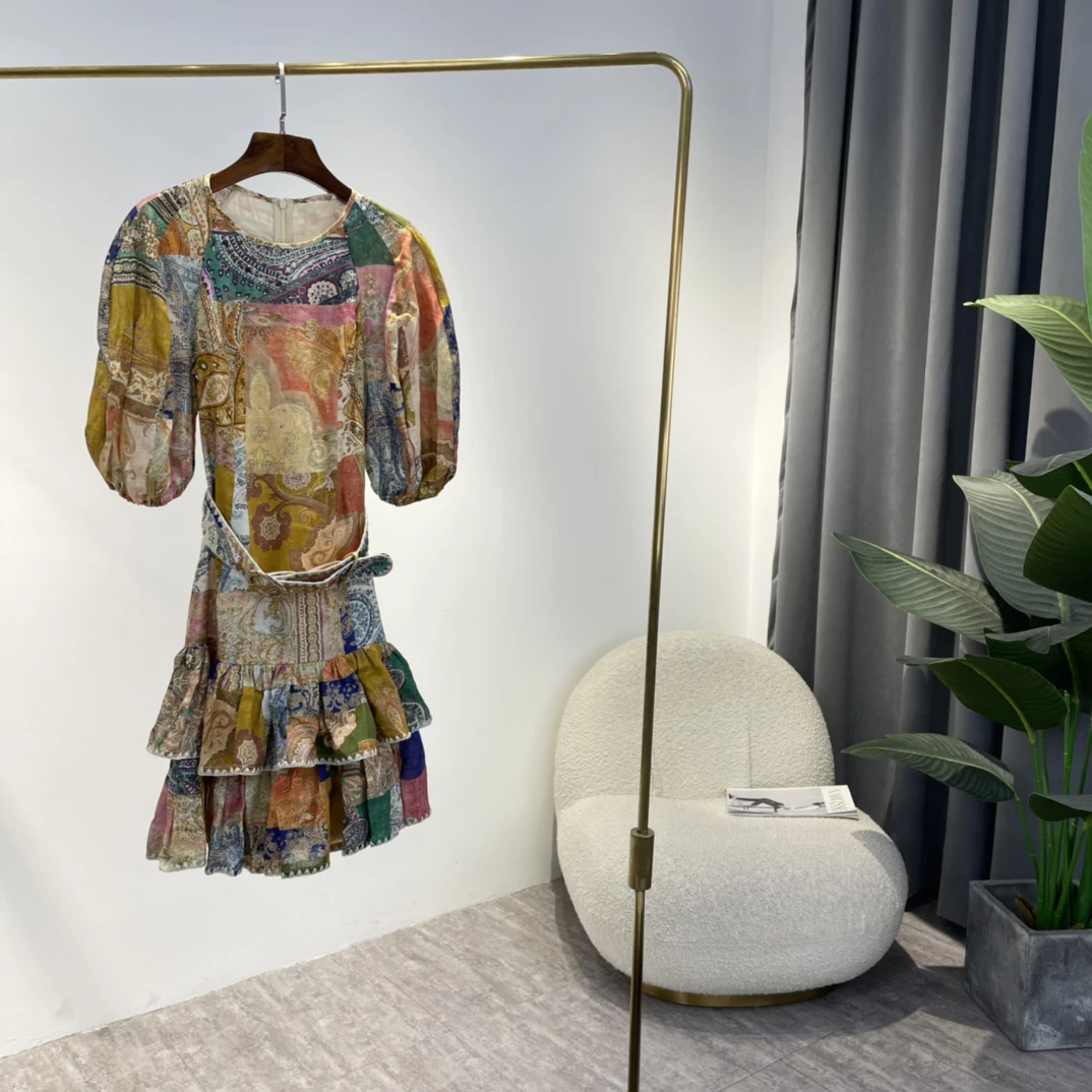 

Unique Designed 2022 High Quality Hemp Indie Folk Paisley Plaid Printing Cascading Ruffles Mini Summer Dresses For Women