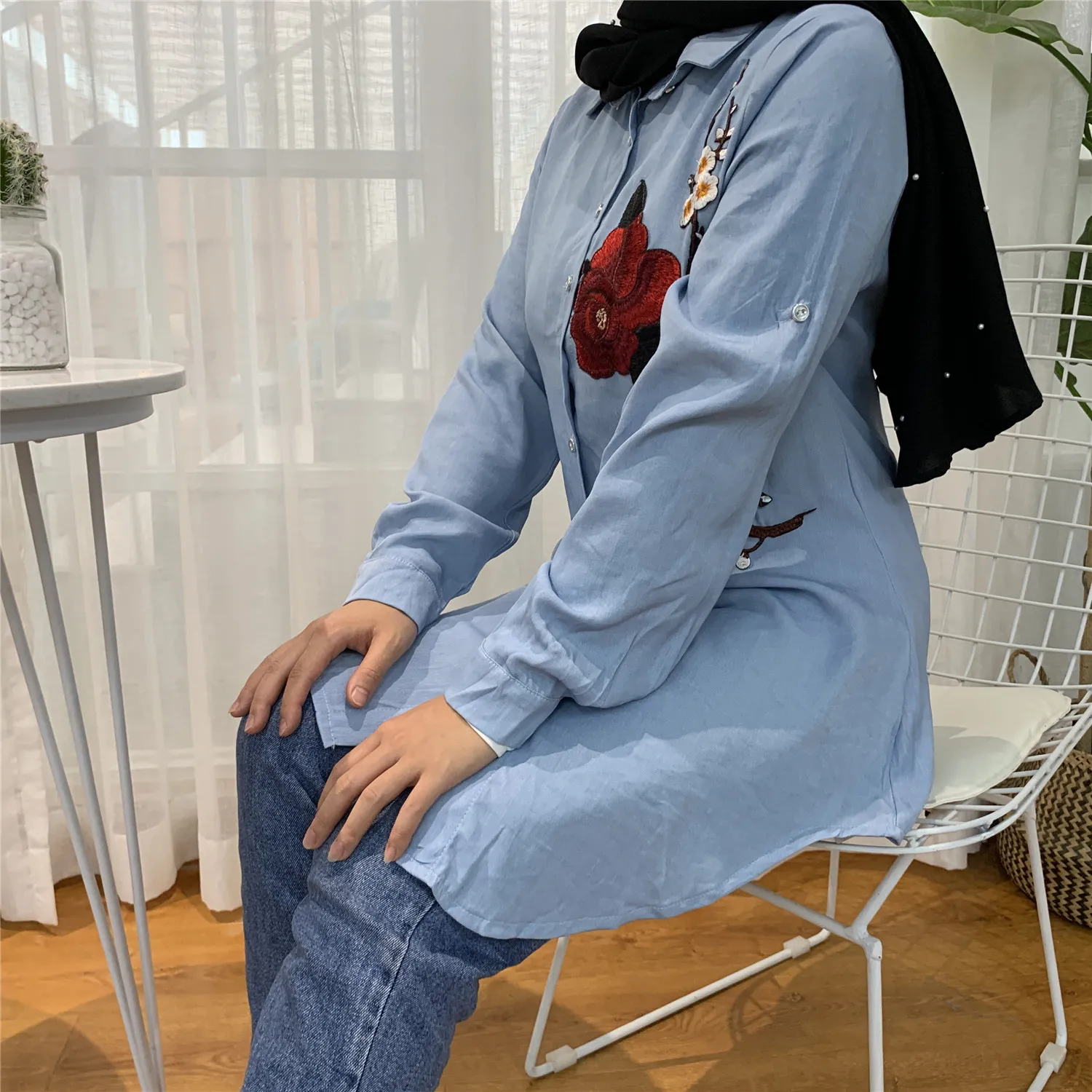 Muslim Dress Fashion Middle East Duabi Abaya Turkey Robe Women Lapel Long Sleeve Embroidery Slim Denim Tops