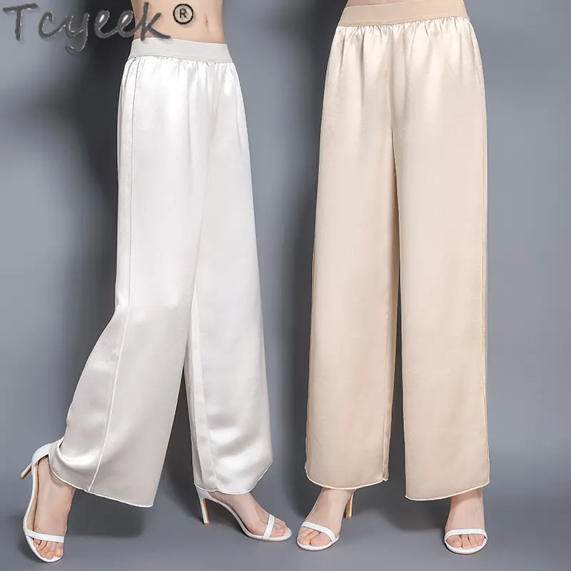 Tcyeek 95% Mulberry Silk Thin Trousers 2023 Summer Women Pants High Waist Wide Leg Pants Womens Clothing Streetwear Pantalon