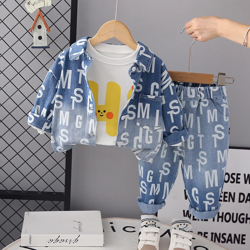

2023 Toddler Baby Boy Clothes Letter Pattern Denim Shirt Jacket Pullover Tops Jeans Pants Set 3Pcs Fall Winter Outfits