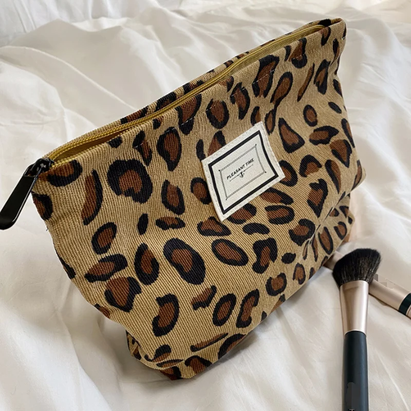 Corduroy Retro Leopard Print Cosmetic Bag Wash Bag Women Travel Cosmetic Pouch Beauty Storage Cases Make Up Organizer Clutch Bag