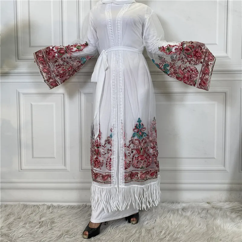 Muslim Open Abayas for Women Dubai Abaya Kimono Embroidery Mesh Cardigan Islam Modest Clothing Arabic Vetement Musulmane Femme