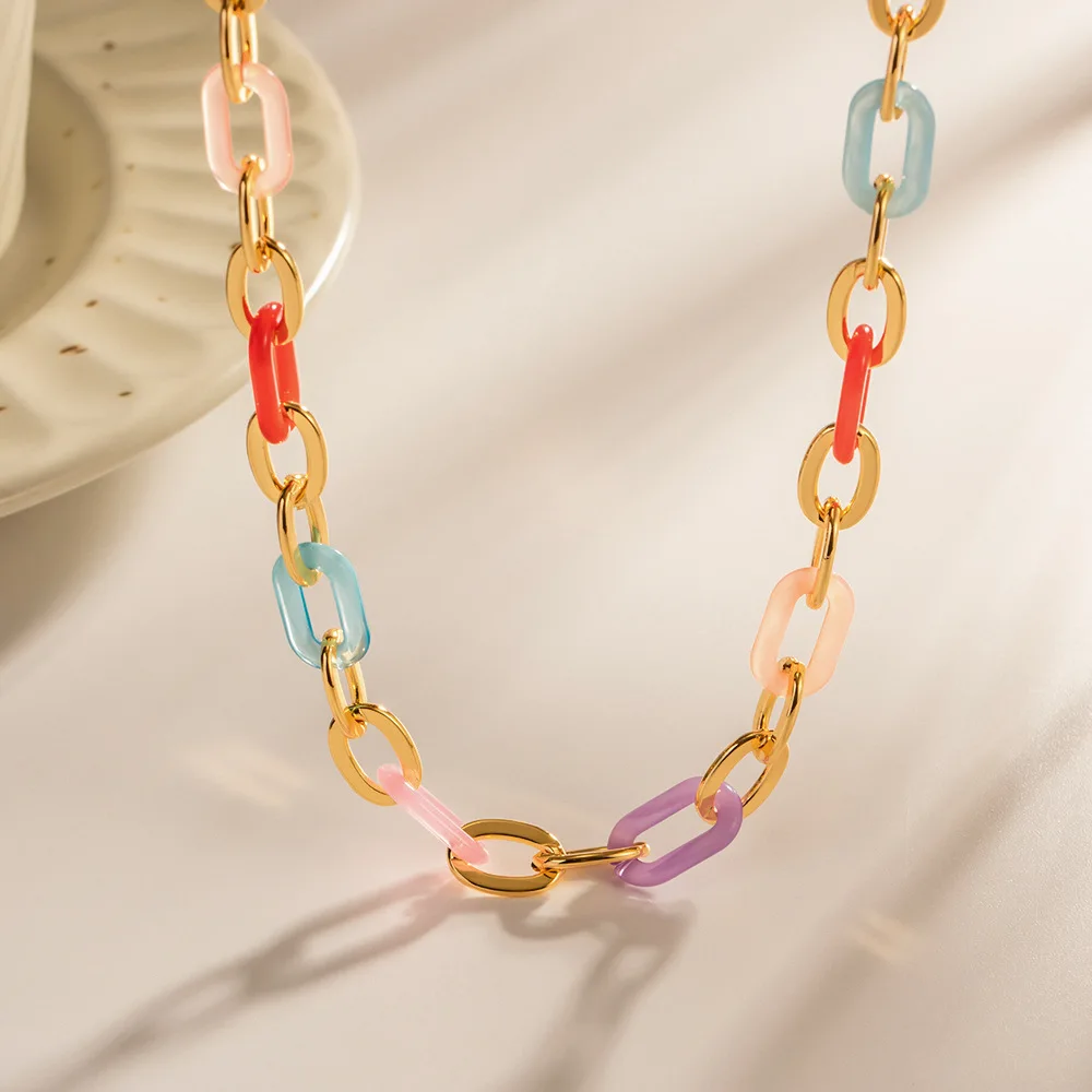 

Fashion Simple Creativity Colored Splicing Stainless Steel Chain Necklace Women 18k Gold Color Plated Trendy Jewel