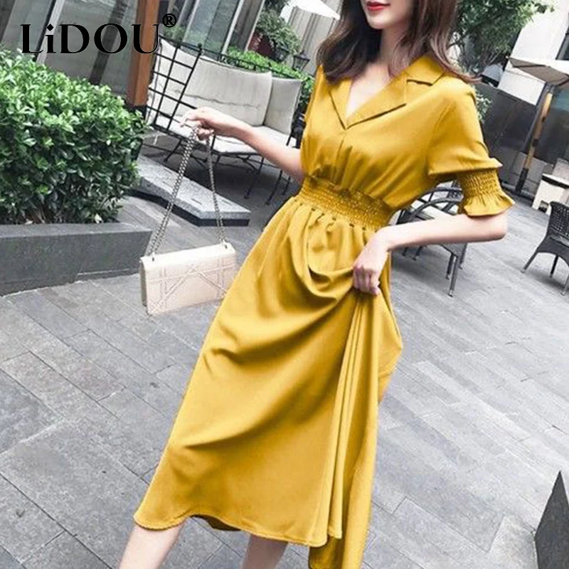 

Summer New Korean Style Solid Color Elegant Fashion Dress Women Aesthetic Kawaii Sweat Vestidos De Fiesta Chic Sexy Robe Femme