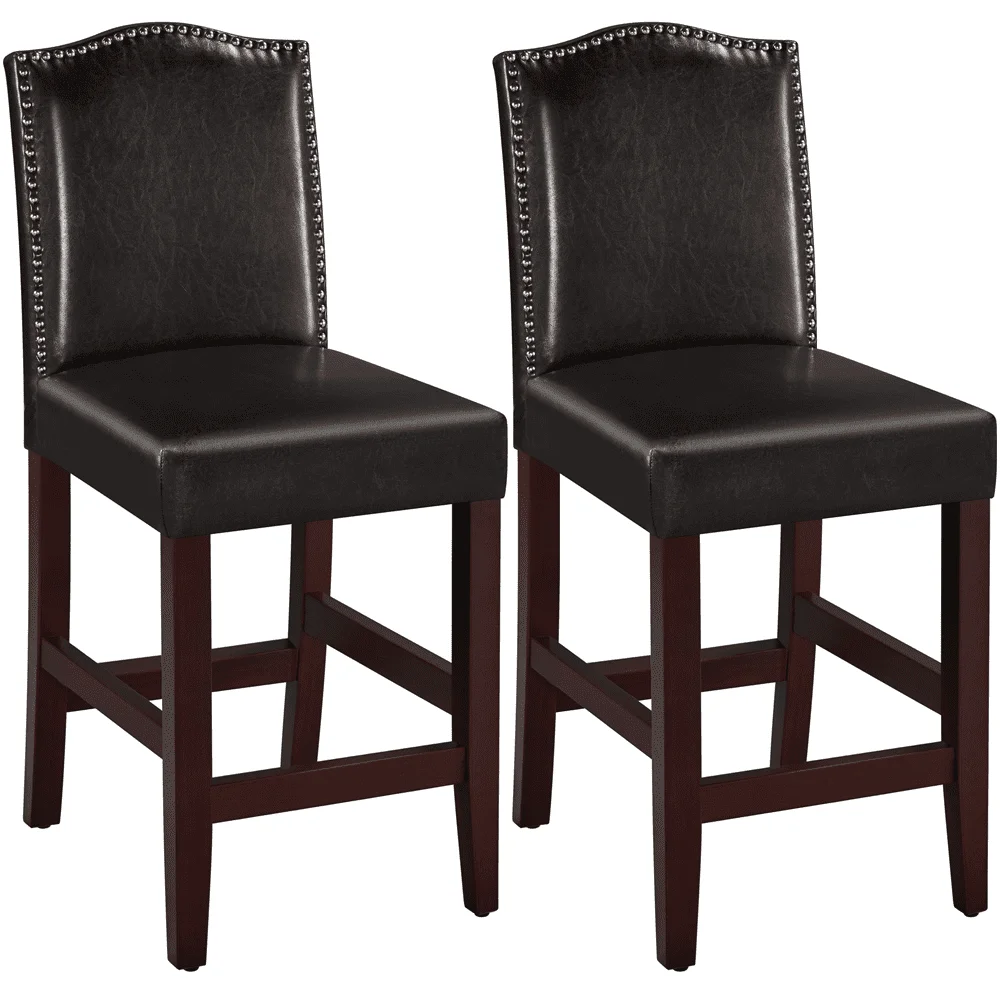 25.5"H Leather Counter Height Bar Stools Fullback, 2pcs, Bro
