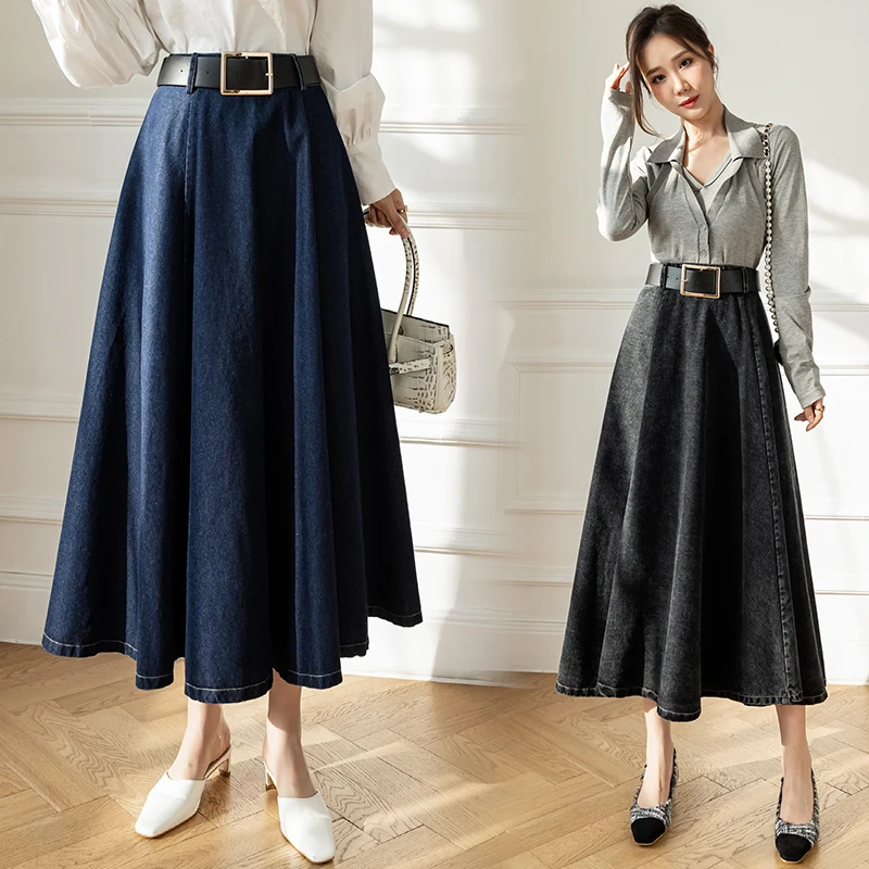

Wisher&Tong Long Denim Skirt Femme 2022 Spring Women Skirts Vintage High-waisted A-line Party Maxi Skirt Jeans Korean Style