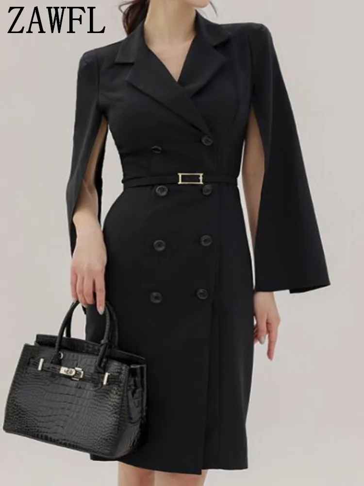 

ZAWFL Sexy Chic Long Sleeve A-Line Coat Women Solid Office Slim Mini Dress Elegant Lapel Double Breasted Lace-Up Dress