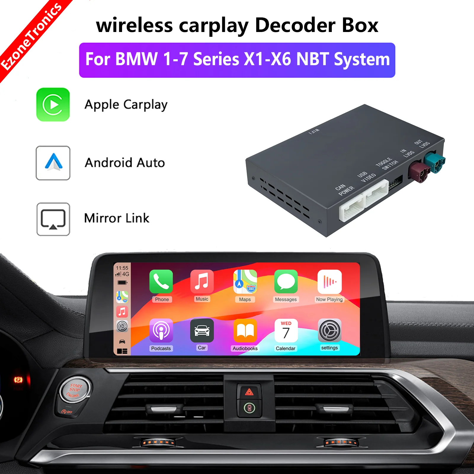 

EzoneTronics Wireless CarPlay Android Auto комплект для модернизации декодера для BMW NBT System F30 F10 F20 F21 F22 F07 F18 F15 F16 F25