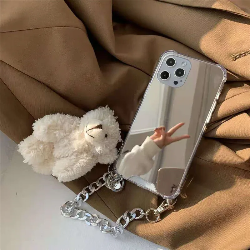 

Cartoon mirror chain bear Cell Phone Case for iPhone 13 12 11 pro XS MAX XR 6 7 8 Plus SE Lanyard Silicone Neck Strap Cover Tape