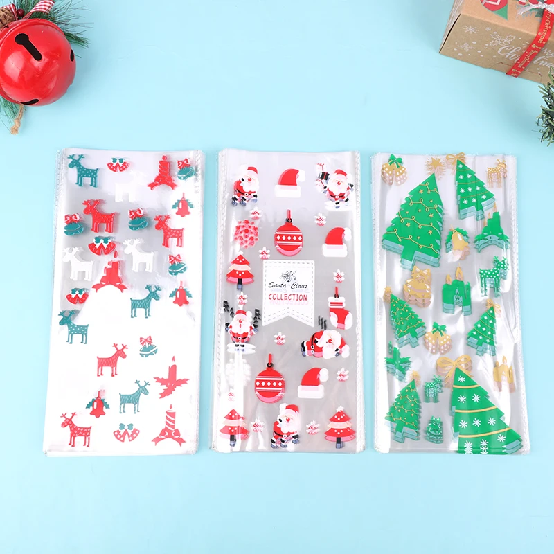 

50Pcs Christmas Bag Santa Tree Elk Snowman Bells PVC Transparent Bag Xmas Gift Baking Candy Cookie Packaging Bags