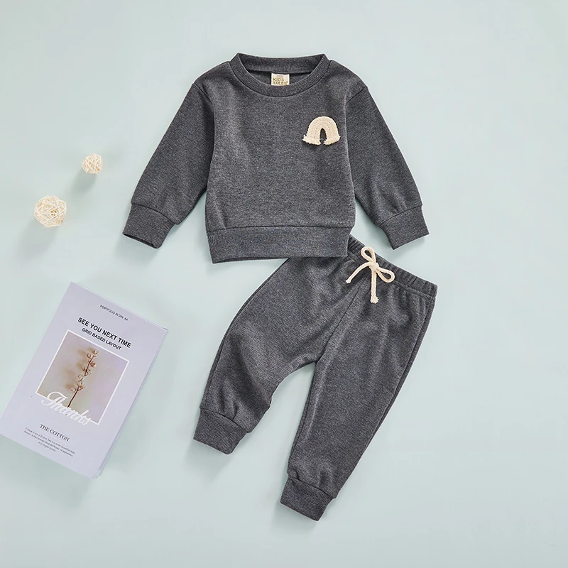

2Pcs Autumn Baby Boys Girls Outfit Toddlers Solid Color Cartoon Rainbow Pattern Long Sleeve Round Collar Tops + Long Pants Set