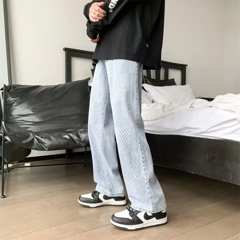 Mens Printed Jeans 2023 New Light Blue Straight Lift Pattern Loose High Street Casual Boyfriend Pants