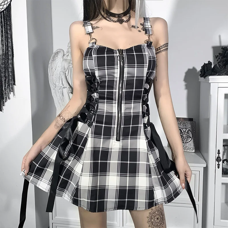 

Gothic Checked Fabric Suspenders Women's Sexy Waistband Stripe Zipper Slip Dress With Straps And Air Connection Thin Cross Dress