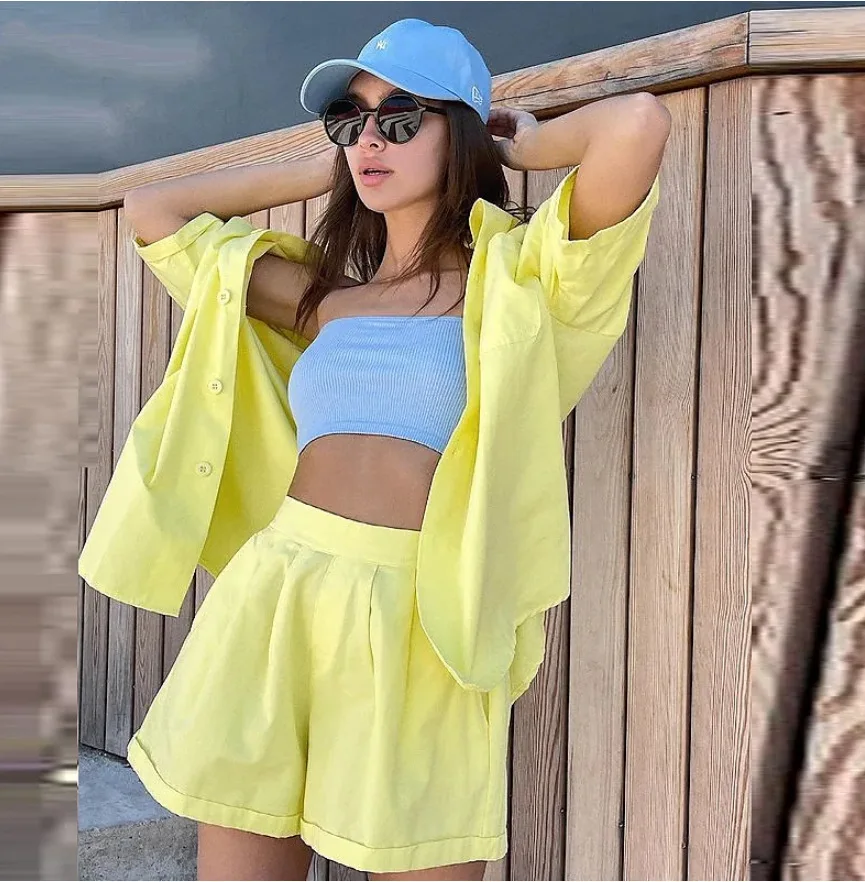 

New women's clothing22spring and summer new solid color casual loose lapel short-sleeved shirt high-waisted shorts two-piece set