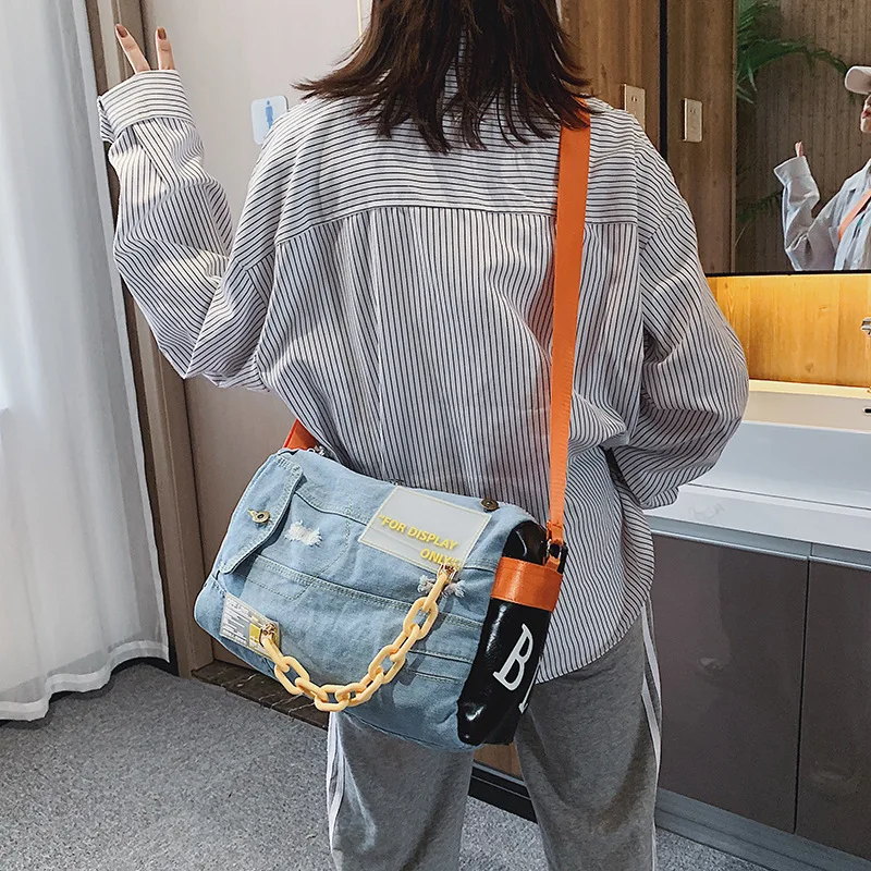 

2020 New Denim Bag Women's Shoulder Bag Yoga Sports Bag Luggage Bag Travel Portable Storage Trendy Leisure Training Bag