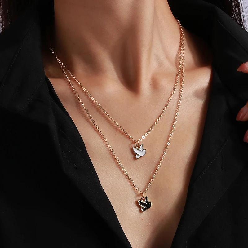 

2pcs Fashion Dove Necklaces for Women Enamel White Black Pigeon Pendant Necklace Statement Jewelry Party Accessories