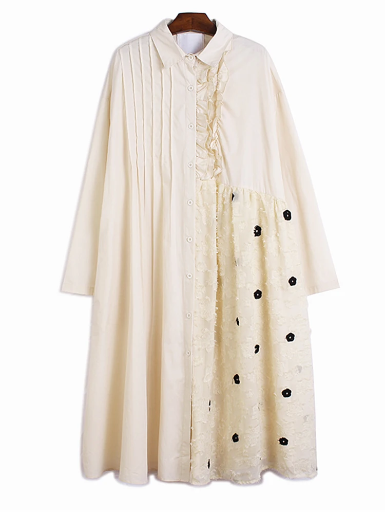 

Женское платье-рубашка [EAM], черное Сетчатое платье с оборками, большой размер, миди, новинка, с отворотом, с длинным рукавом, свободный крой, весна-осень 2023, 1DF6099