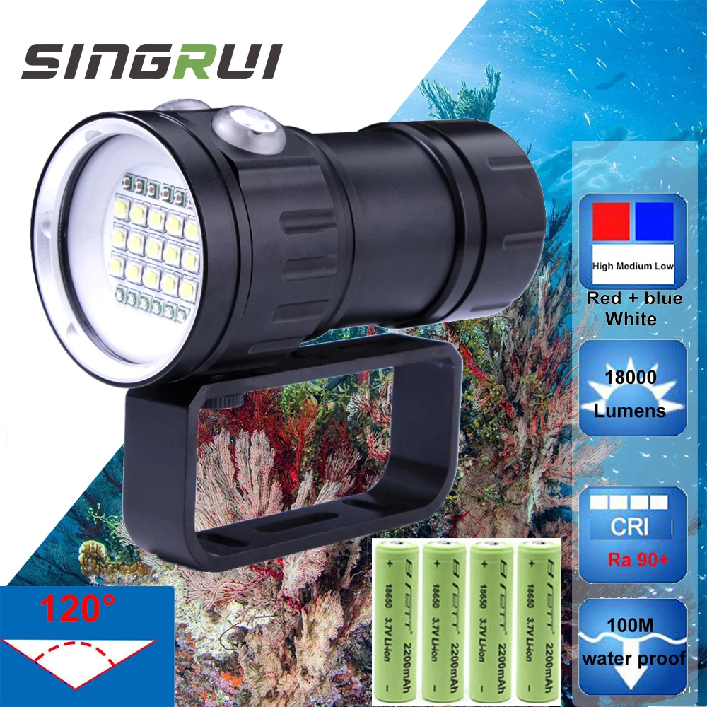 

Фонарик для дайвинга SINGRUI, 20000 люмен, подводное освещение, 100 м, водонепроницаемый тактический фонарь для фотографирования и видеосъемки