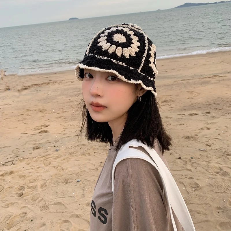 Kooky Ins Chic Elegant Hollow out Knitted Fisherman Hat Women's Summer Breathable Cute Bucket Hat New Retro Hat Fashion