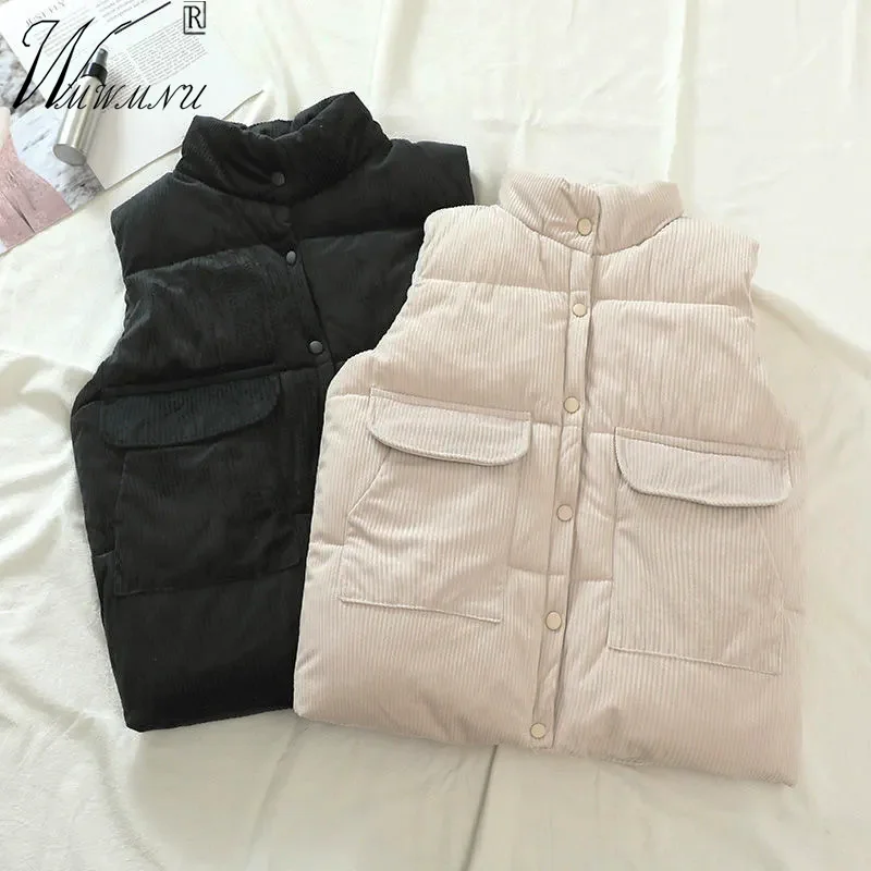 

Зимние Утепленные вельветовые Жилеты для женщин, повседневный теплый жилет с воротником-стойкой, осенняя куртка без рукавов, однобортные к...