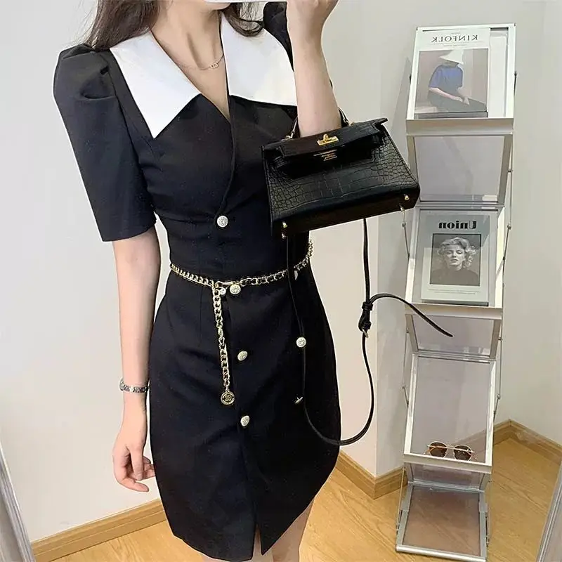 

Женское летнее однотонное платье-футляр во французском стиле, высококачественное легкое роскошное маленькое платье, женское офисное черное платье в стиле High Street с цепочкой, XL
