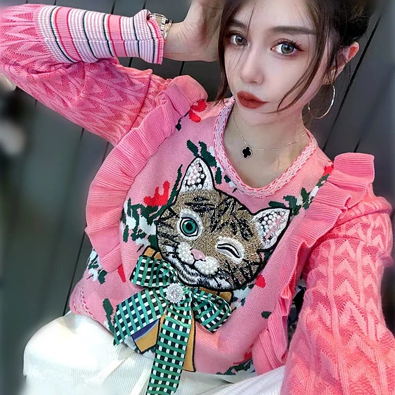 

2023 Spring Women Pink Sweaters Cat Embroidery Beading Appliques Pullovers Winter Autumn Knitted Ruffles Cute Jumpers Tops Pulls