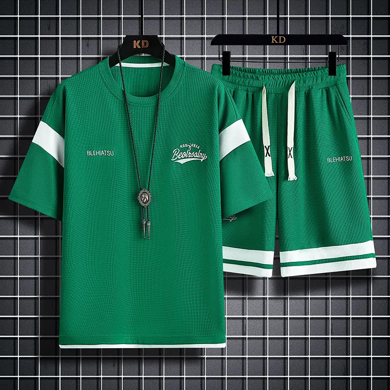 Waffle Shorts Suit Men's Summer Ice Silk Short Sleeve Men's Suit with Handsome Fashion Brand Casual Sportswear