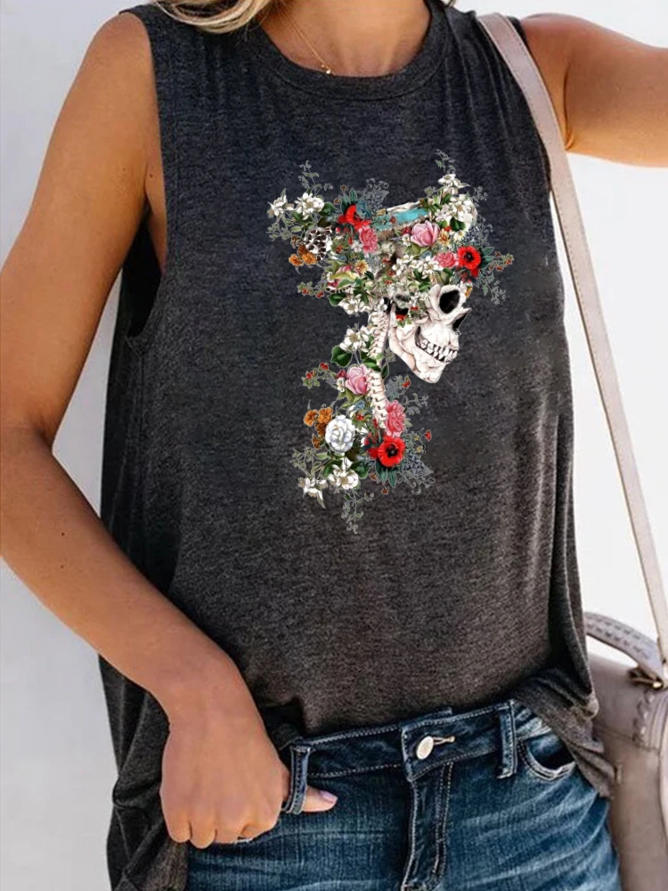 

Vintage Flowers Skulls Print Women T Shirt Crew Neck Y2k Tee Shirt Femme Sleeveless Summer Tops for Women 2022 Blusa Feminina
