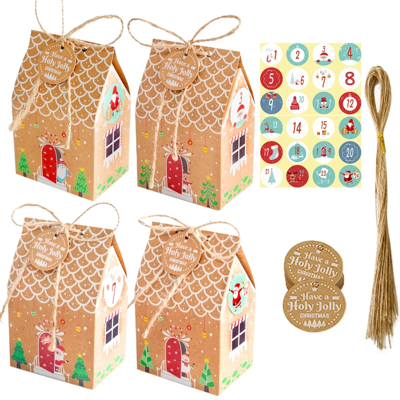 24Sets Cute Gingerbread House Shape Countdown to Christmas Advent Calendar Kit Holiday Kraft Paper Favors Cookie Treats Gift Box