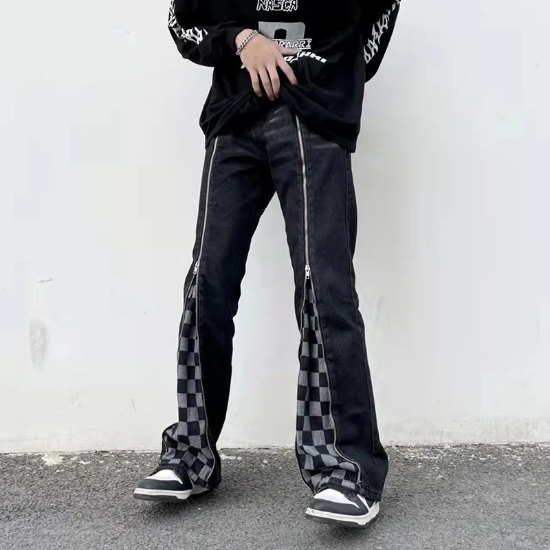 Front Long Zipper Checkered Patchwork Streetwear Retro Mens Jeans Washed Straight Oversize Ripped Casual Denim Trousers