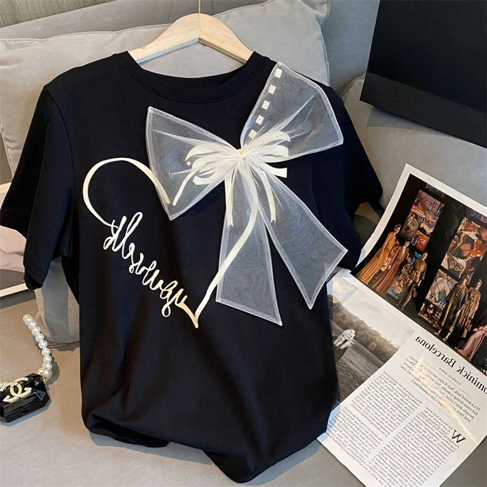 

2023 Women Summer Style T-shirts Tees Lady Casual Short Sleeve O-Neck Bow Tie Decor Heart Printed Tops Shirts