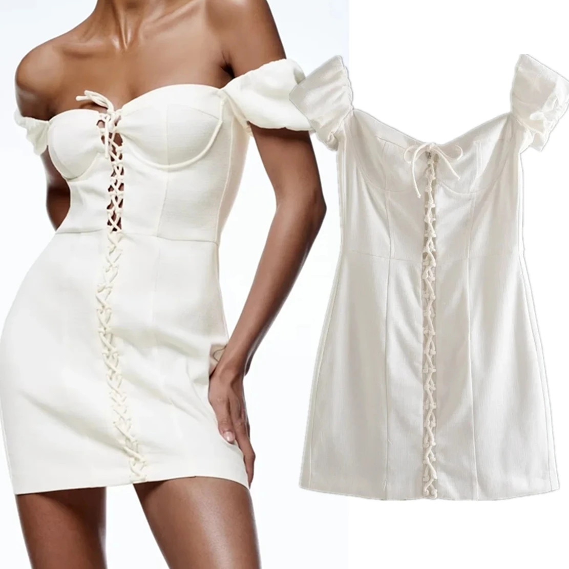 

Maxdutti Ins Fashion Dress Blogger Retro Bandage Sexy Slash Neck Off Shoulder Sheath Mini Dress Women