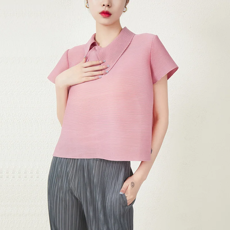 

Женская плиссированная летняя футболка миаке, универсальная модная свободная Однотонная футболка с коротким рукавом, яркая короткая рубашка для снижения возраста