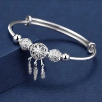 adjustable size 925 silver color bangle cuff dreamcatcher tassel feather round bead charm bracelet jewelry for women wedding