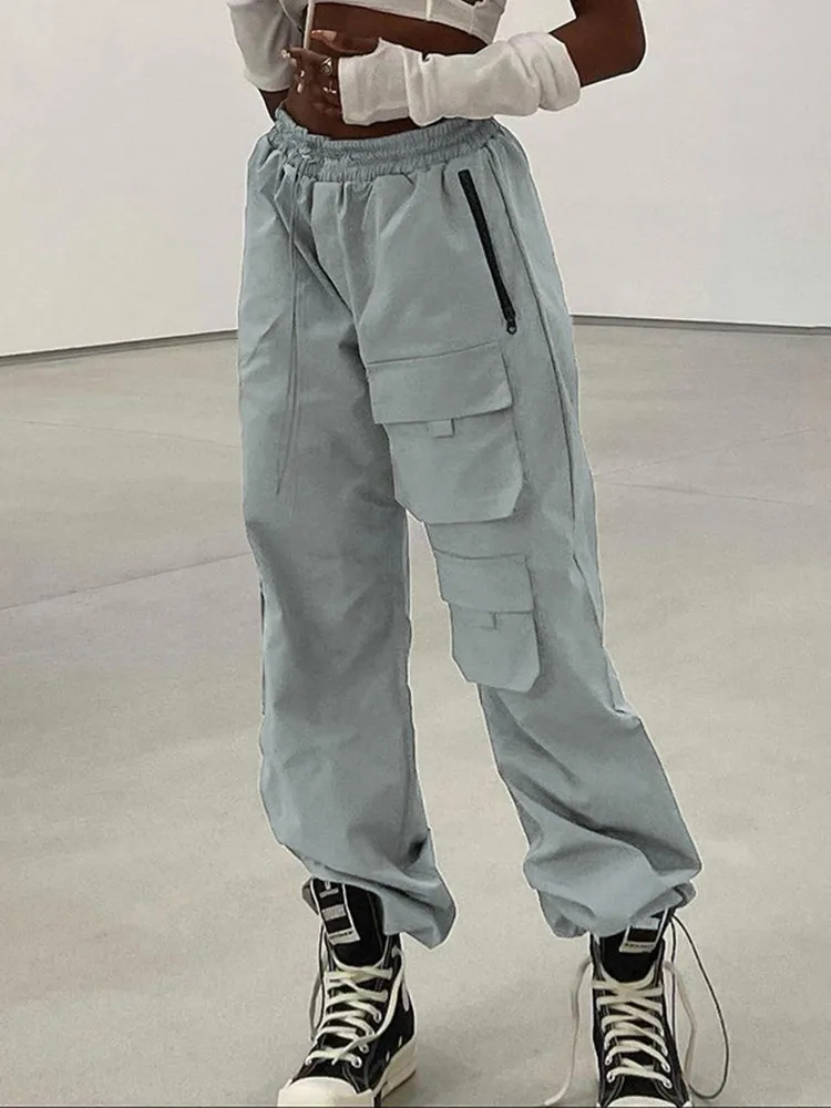 

Straight Sweat Cargo Pants Women Zipper Pockets Capris Full Length High Waist Trousers Solid Streetwear Women Fashion Clothing