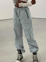 straight sweat cargo pants women zipper pockets capris full length high waist trousers solid streetwear women fashion clothing