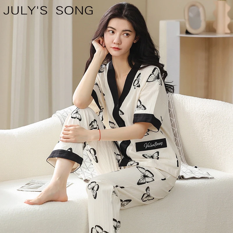 

Хлопковая Летняя женская пижама JULY'S SONG, комплект с V-образным вырезом и короткими рукавами, брюки, одежда для сна, одежда для сна с принтом, же...