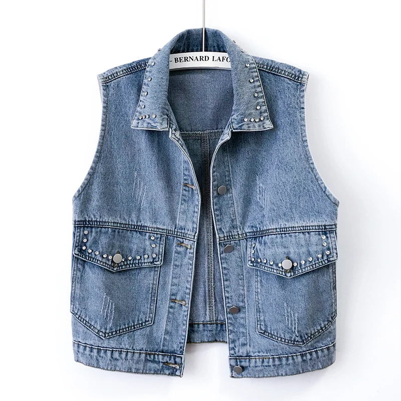 

Женский джинсовый жилет со стразами, голубой моющийся потертый ковбойский жилет без рукавов с большими карманами, свободный короткий джинс...