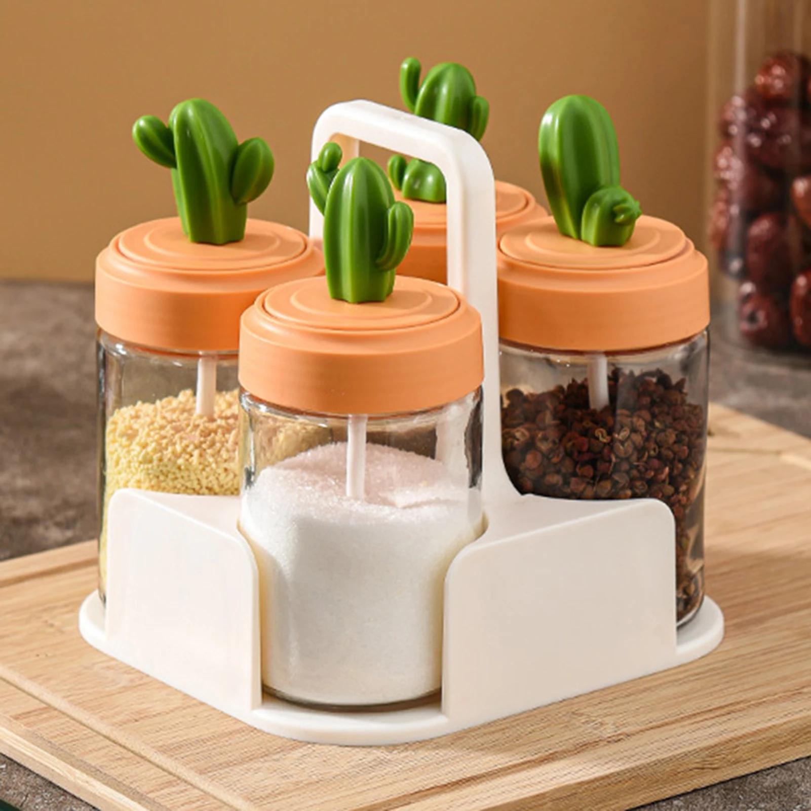 

Kitchen Seasoning Jar Set Cactus Shape Lid Glass Bottle Good Sealing Spice Container With Bottom Tray Jars for Spices 4/3Pcs
