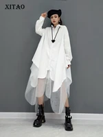 xitao mesh blouse fashion irregular white black pleated goddess fan 2021 autumn minority loose elegant shirt top zyq2040