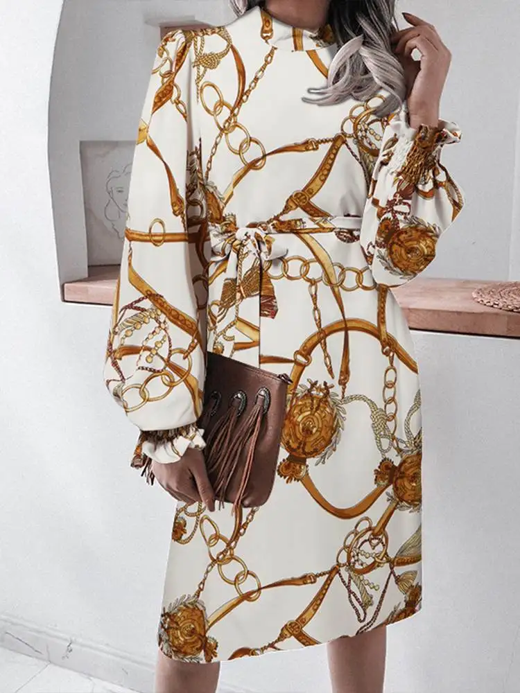 

Модный женский сарафан ZANZEA с принтом цепей, элегантное платье с пышными рукавами, Осенний празднивечерние кафтан, повседневный тонкий шарф,...