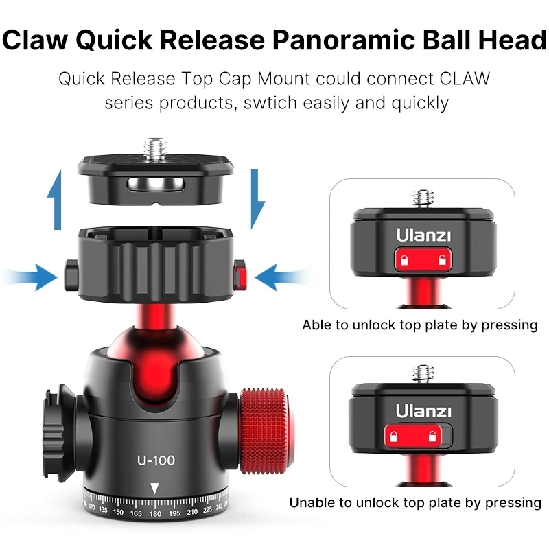 

For Ulanzi U-100 Claw PD Quick Release Panoramic Ballhead 1/4'' Base Mount Plate and Cold Shoe Ballhead 2 in 1 Design For DSLR