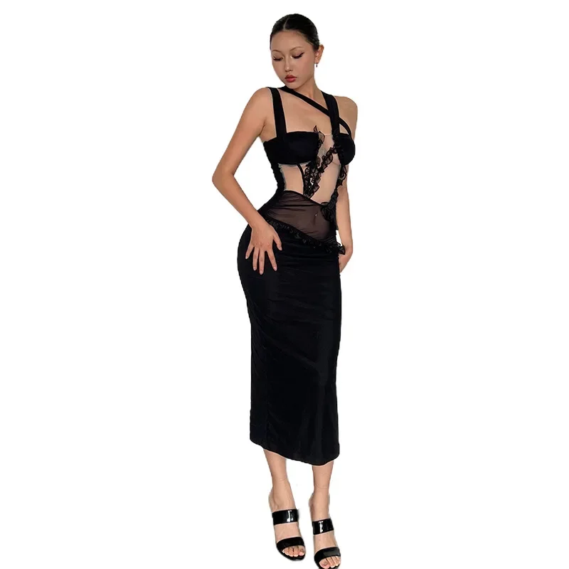 Сексуальное сетчатое платье с открытой спиной инкрустированное полое