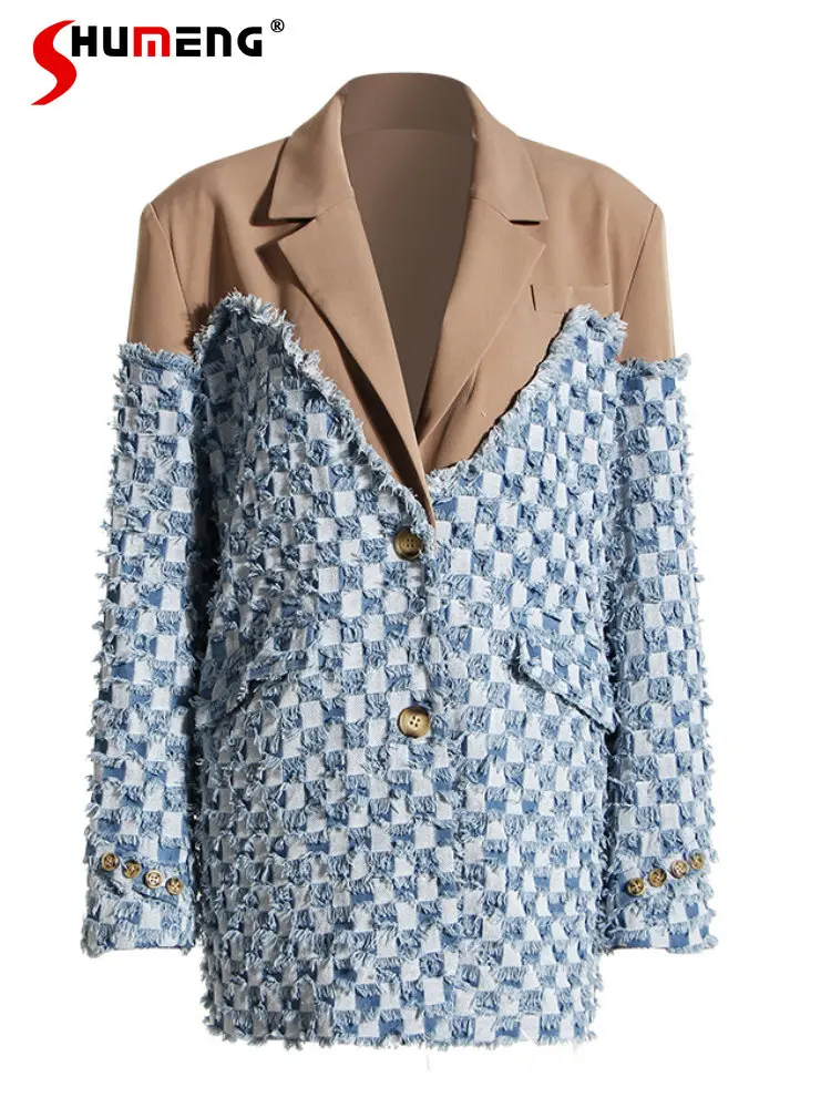 

Socialite Women's Suit Coat 2022 Autumn New Color Contrast Patchwork Plaid Washed Worn Frayed Hem Denim Jacket Blazer Femenino
