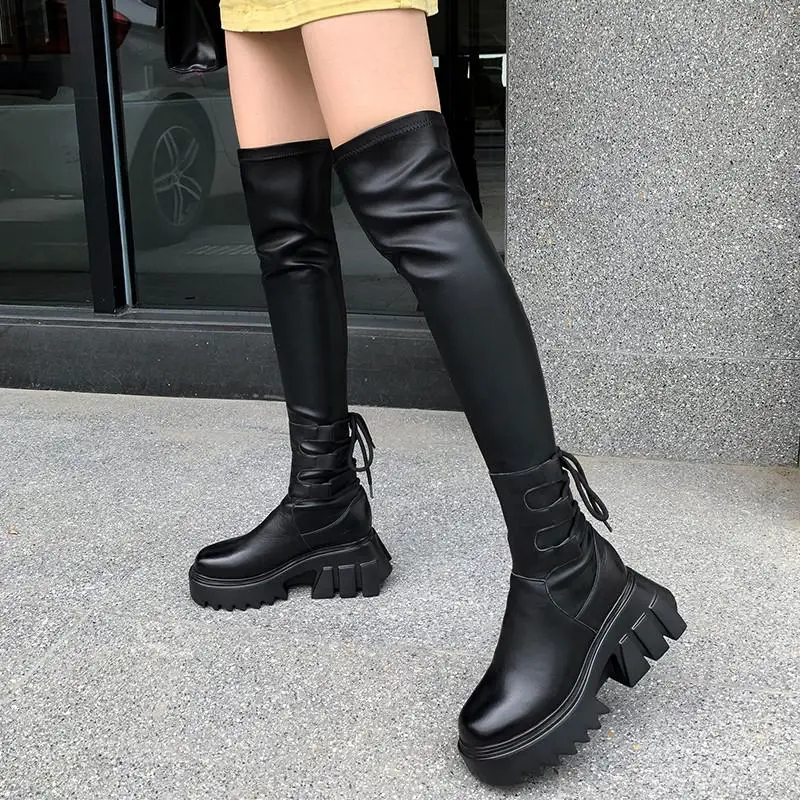 

Sexy Leather Thigh High Boots Women High Heels Over The Knee Boots for Women Round Toe Party Long Shoes