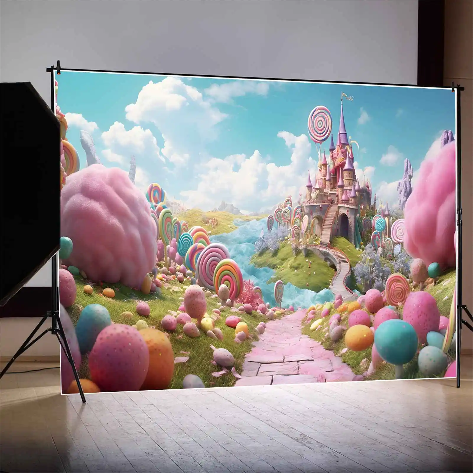 

MOON.QG Background Children Mountain River Castle Sugar Candy Land Birthday Backdrop Baby Green Grass Party Lollipop Photo Booth