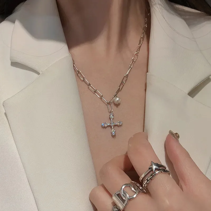 

925 Sterling Silver Punk Chain Zircon Cross Charm Necklace Pendant For Women Wedding 2022 Fashion Birthday Jewelry Gift dz374
