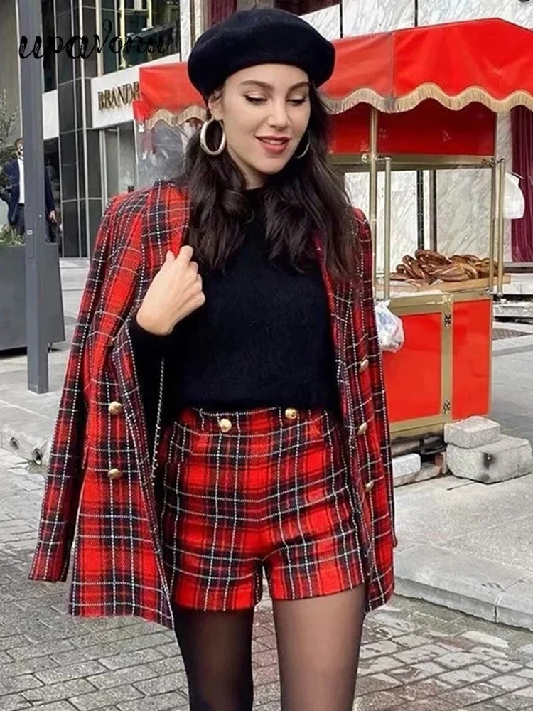 

Женский комплект из 2 предметов, клетчатый двубортный блейзер в британском стиле и плиссированные шорты, 2022