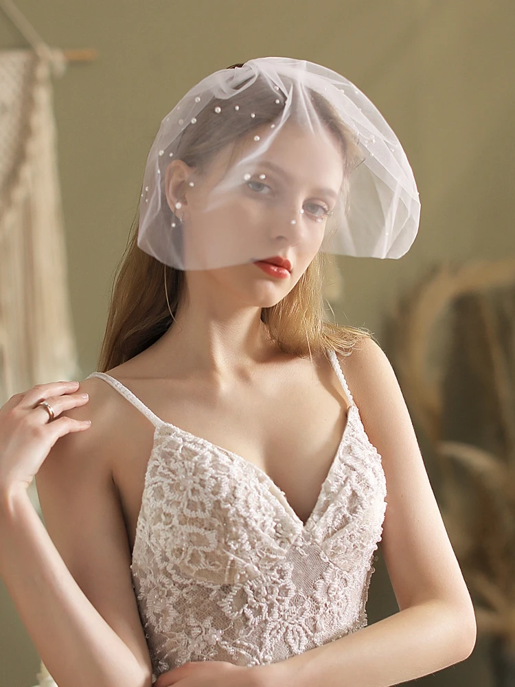 

French Retro Short Veils Ivory Pearls Net Bridal Blusher Veil Cover-face Headwear Wholesale